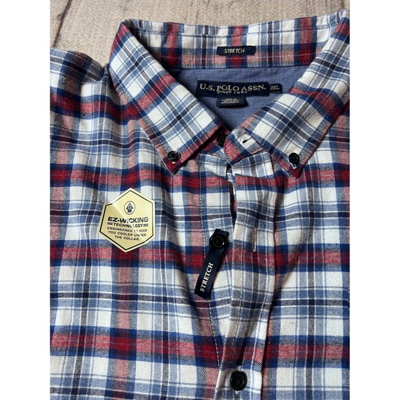 U.S. Polo Assn. Button Down Shirt Mens 2XL White Red Blue Plaid Stretch - Picture 4 of 9